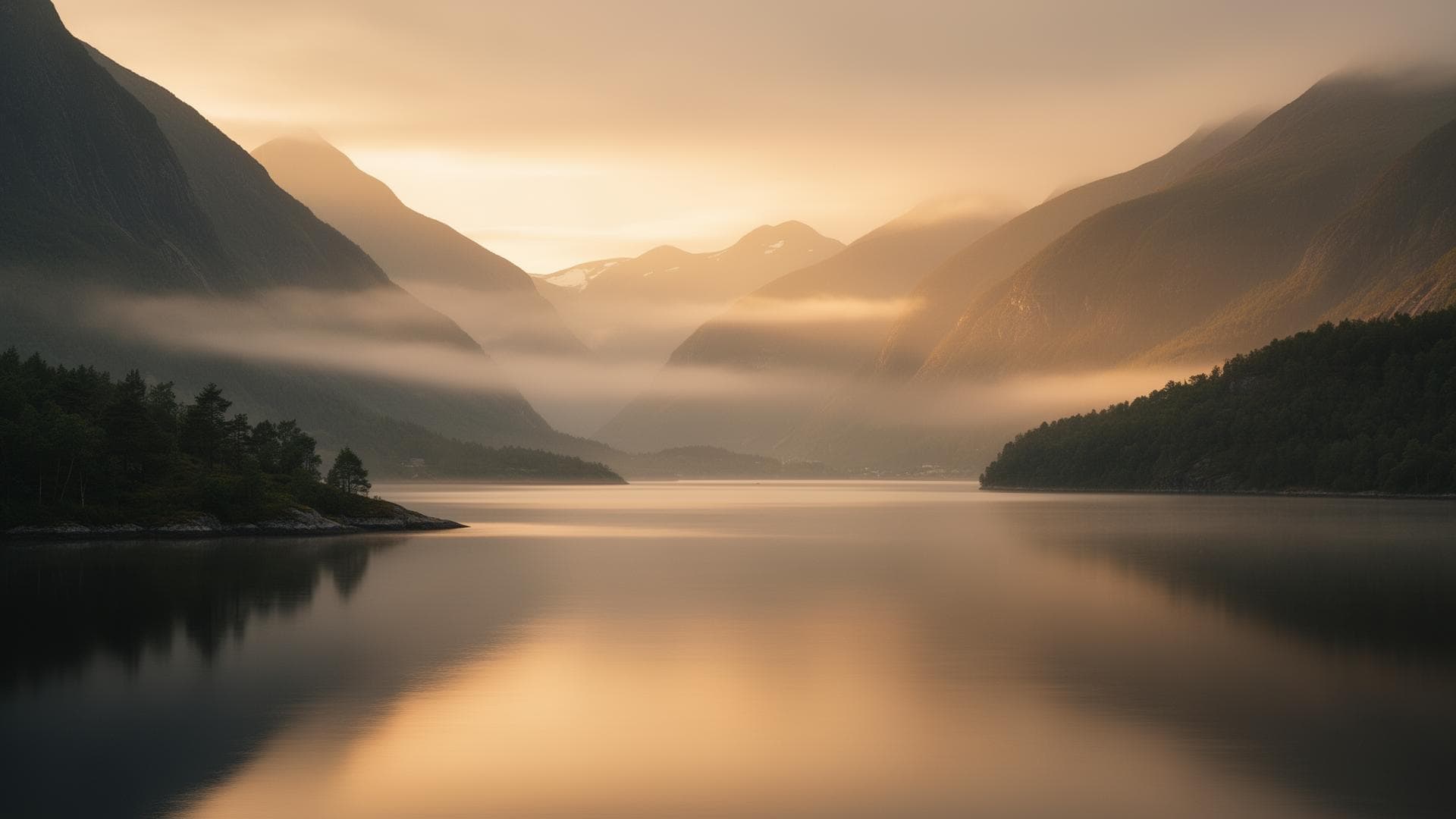 Misty Scandinavian fjord at dawn